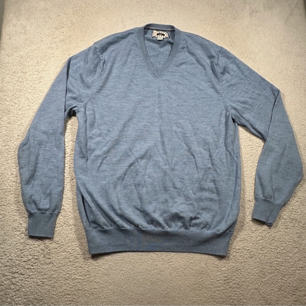 Joseph Abboud Sweater‎ Mens XXL Blue 100% Extra Fine Merino Wool V-Neck Pullover